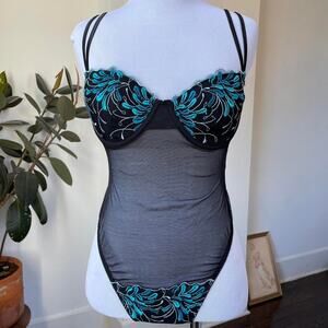 Vintage Frederick's Black and Blue Embroidered Mesh Thong Bodysuit